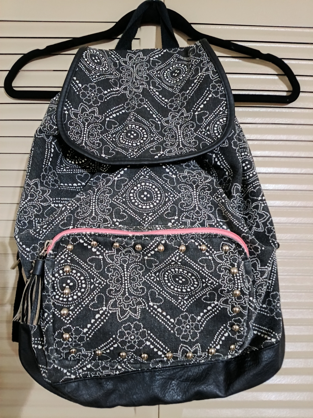 Black Patterned Women's Backpack with Pink Accent